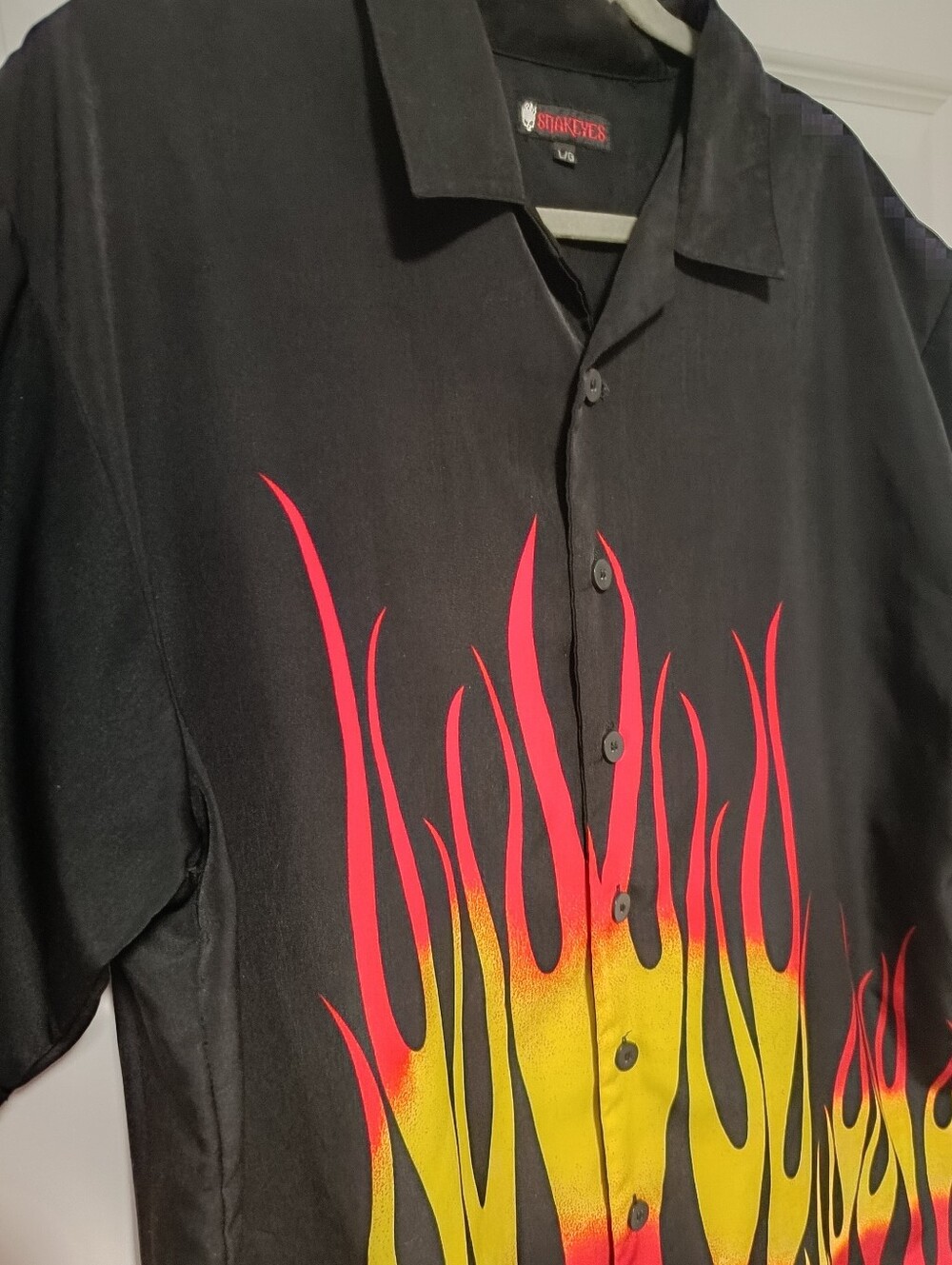 Men's Black Button-Down Shirt with Red & Yellow Flame Print Halloween Costume - Picture 4 of 11